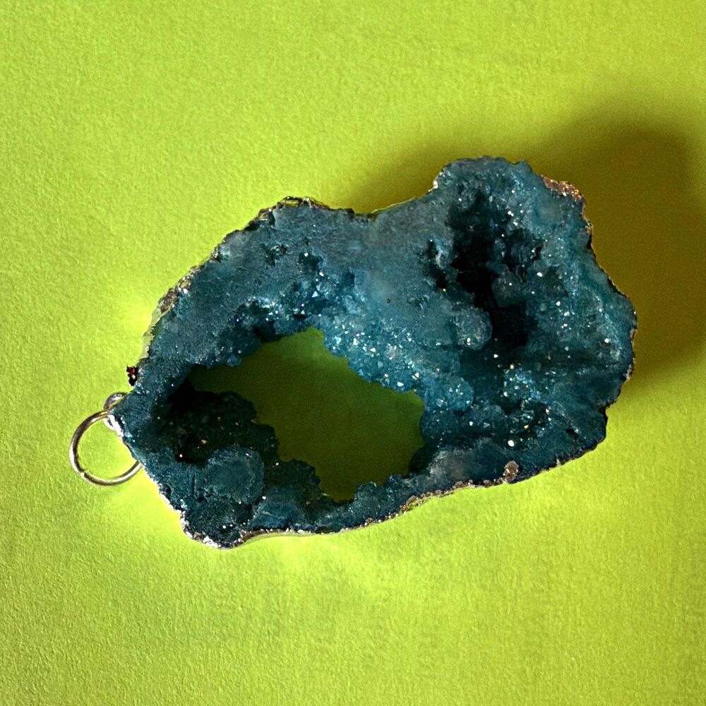 Blue Natural Quartz Druzy Geode Slice Pendant, Rough Asymmetrical, Silver-Tone